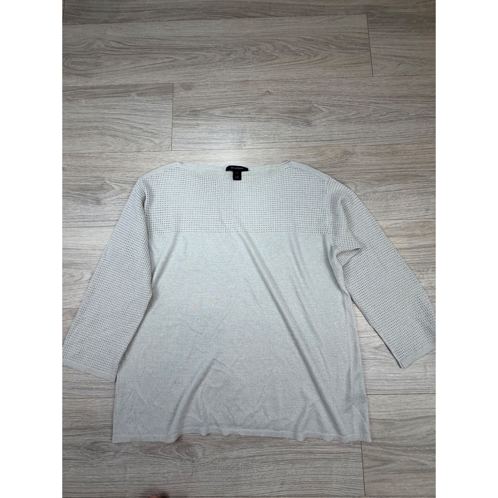 St. John Womens Metallic Silver Knit Boat Neck 3/4 Sleeve Sweater Large